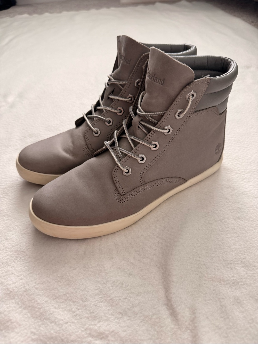 Timberland Taupe High-Top Boots with Off-White Soles